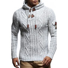 Men's Sweater Long Sleeve Slim Knit Pullover with Hooded Horn Button